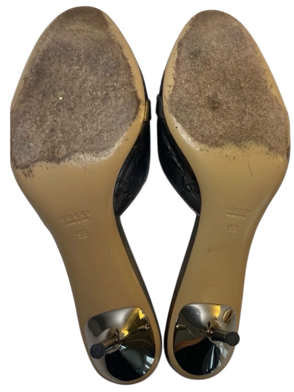 Auth Gucci Metallic silver gunmetal Horsebit Mule 9 Slide heel Guccisima leather - Picture 4 of 7